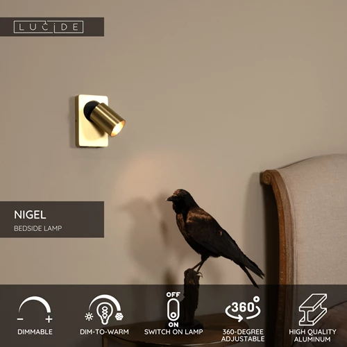 Lucide NIGEL - Bedside lamp / Wall light - LED Dim to warm - GU10 - 1x5W 2200K/3000K - With USB charging point - Matt Gold / Brass - USP